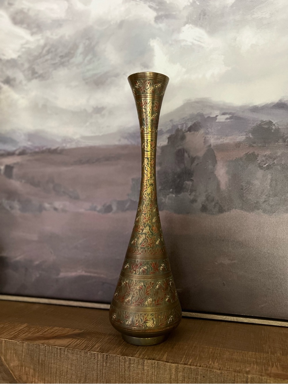 Large 16" Vintage Etched Brass Floor Vase, Indian Brass Flared Trumpet Vase